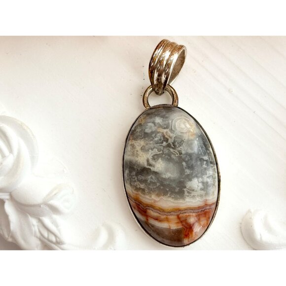 Polished Agate Gemstone Oval Sterling Silver Minimalist 925 Vintage Pendant - Picture 2 of 10